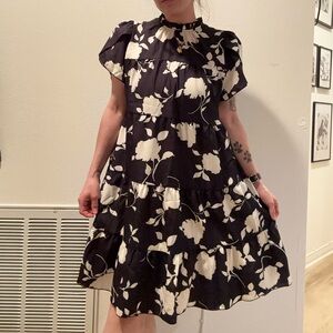 Black and white floral ruffle dress